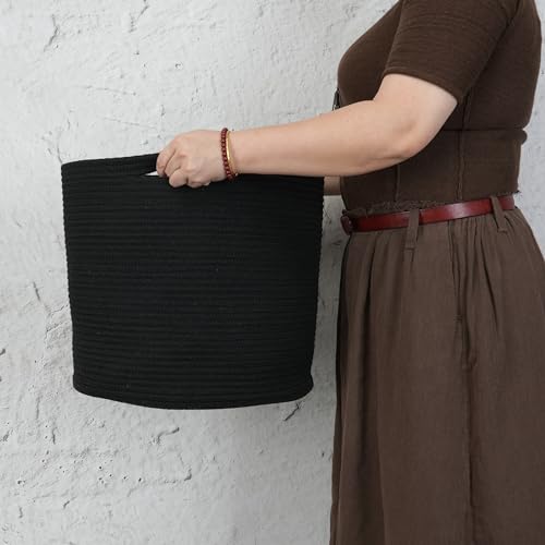 XUANGUO Cotton Rope Basket For Girls Boys Kids 16”X14” Baby Laundry Basket Nursery Bin Round Woven Baskets Organizer For Storage Toys Blankets Shoes Clothes black - color: black