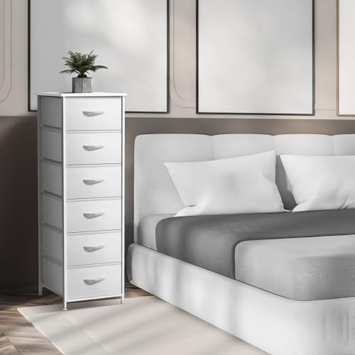 Sorbus Fabric Dresser for Kids Bedroom - Chest of 6 Drawers, Tall Storage Tower, Clothing Organizer, for Closet, for Playroom, for Nursery, Steel Frame, Fabric Bins - Wood Handle (White) - color: White, style: 6 Drawer