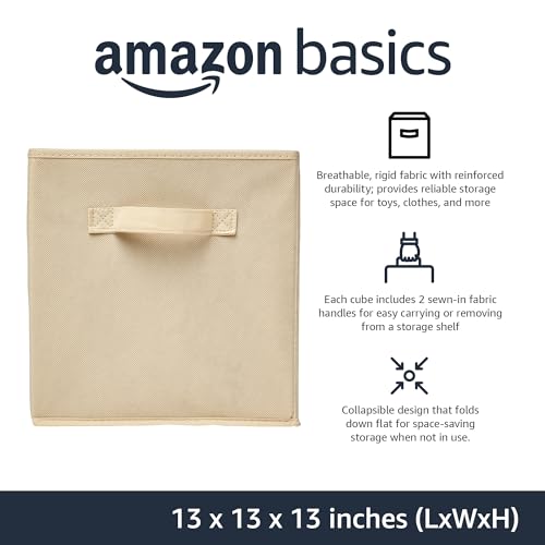 Amazon Basics Collapsible Fabric Storage Cube Bins Organizer with Handles for Organization and Organizing Solution, 13"x13"x13", Beige, 6-Pack - color: Beige, size: 13"x13"x13"