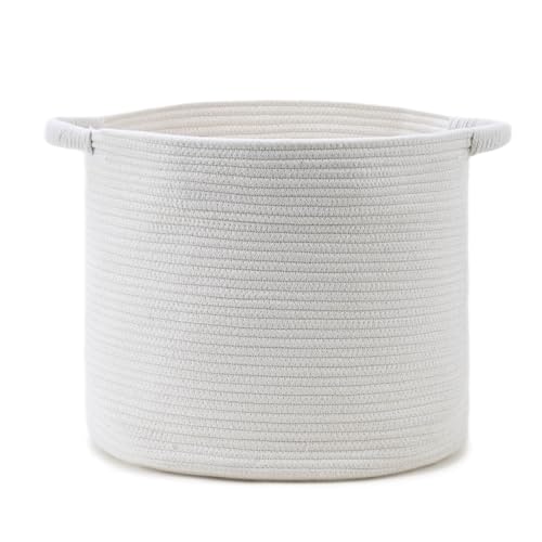 Blanket Basket - Woven Round Rope Storage Basket (16" Wx14 H) for Blankets & Throws, Small Laundry & Toy Organizer, Decorative Living Room & Bedroom Cotton Basket - All White - color: All White, size: Regular-16"Wx14"H