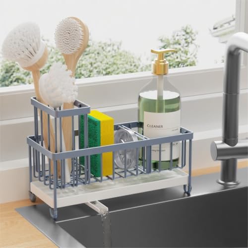 Cisily Sponge Holder for Kitchen Sink, Sink Caddy Organizer with High Brush Holder, Kitchen Countertop Organizers and Storage Essentials, Rustproof 304 Stainless Steel (Gray Blue, 9.25″) - color: Gray Blue