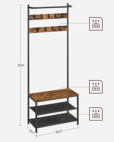 VASAGLE Hall Tree with Bench and Shoe Storage, Entryway Bench with Coat Rack Stand and Shoe Rack, 9 Movable Hooks, Top Bar, Fabric Shelves, Industrial, Rustic Brown and Black UHSR411B01 - color: Rustic Brown + Black, size: 25.2"W