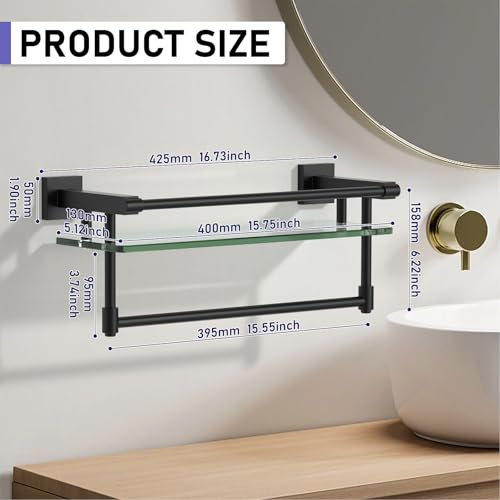 Glass Shelf for Bathroom 16 Inch Bathroom Shelves with Towel Bar, Tempered Glass Shelves with Stainless Steel Towel Holder for Wall Shelf Sink Over Toilet (Matte Black) - color: Matte Black, size: 16-inch with Railing