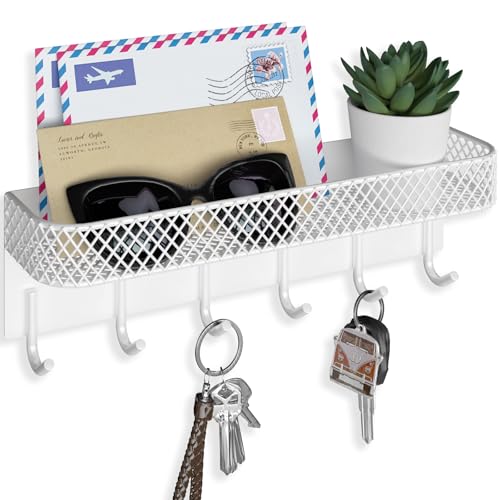 Lwenki Key Holder for Wall – Decorative Stainless Steel Key Hanger with 6 Hooks for Hats, Bags, Leashes – Mail Holder Key Rack with Mounting Hardware and Guide (9.65” x 2.8” x 2.2”) (White) - color: White