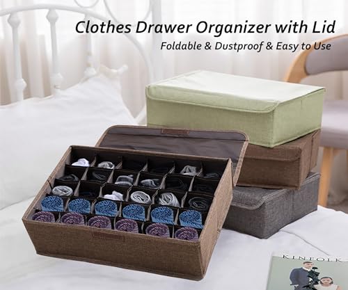 AARAINBOW 2 Packs Underwear Socks Ties Storage Organizer with Lids Foldable Closet Drawer Organizer 60 Cells, Fabric Wardrobe Divider Storage Boxes for Scarves and Lingerie (30 Cell, 2 Coffee) - color: Coffee, size: 2*30 Cells