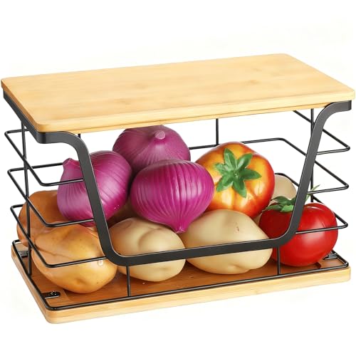 ALOCEO Large Wire Basket for Kitchen Pantry, Stainless Steel Kitchen Counter Organizer for Potato Onion, Trash Bag Dispenser Under Sink with Bamboo Top, Black - color: 1-pack - XL Bamboo Bottom Black