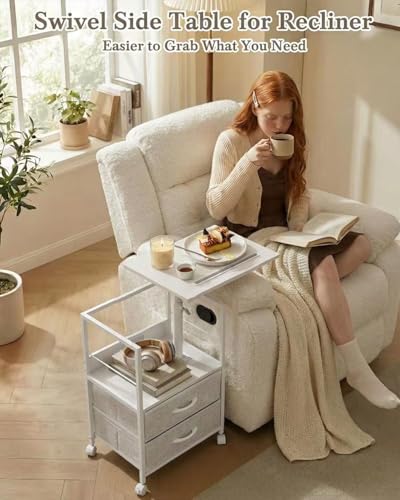 Faesun Swivel Lift Top Nightstand with Charging Station, Rolling Side Table for Recliner, Bedside Table with Wheels & 2 Fabric Drawers, for Small Spaces, for Bedroom, Living Room, White Gray - color: White Gray, size: 2 Drawers