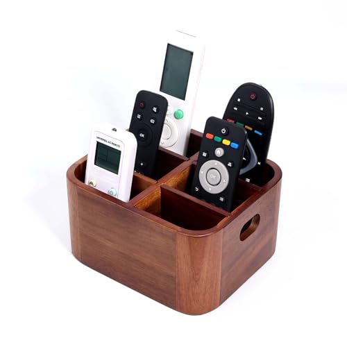 LYNG Acacia Wood Remote Control Holder Caddy, Solid Wood Organizer with 4 Adjustable Dividers & Handle, Remote Organizer for Coffee Table & Living Room