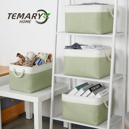 Temary Fabric Storage Baskets 4Pack Storage Bins Decorative Basket for Gift, Clothes Bin with Handles, Rectangle Baskets for Storage, Blankets(White&Green,15x11x9.5 inch) - color: white&green, size: 15"L x 11"W x 9.5"H