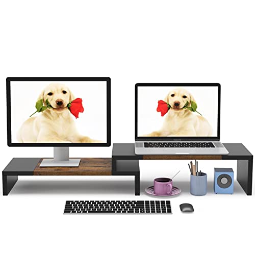 WESTREE Dual Monitor Stand - Riser 2 Shelf Computer with Adjustable Length and Angle, Stands for Monitors, Desktop Organizer PC, Computer, Laptop - color: Rustic Brown