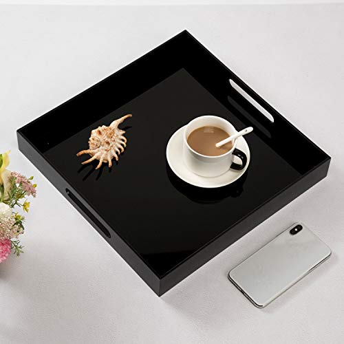 KEVLANG Glossy Black Acrylic Serving Tray - 14x14Inch, Multipurpose, Sturdy, Modern Style, Spill Proof, Countertop Organizer, Vanity Table Tray - color: Glossy Black, size: 14" x 14" x 2"
