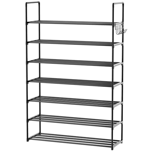 Metal Shoe Organizer,7 Tiers Shoe Storage Shoe Rack with Hooks,Fit 24-30 Pairs,Adjustable Shoe Shelf for Entryway,Hallway,Bedroom,Metal Bottom Support - size: 7 Tier