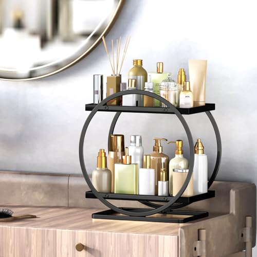 Bathroom Counter Organizer, Black Perfume Organizer for Dresser, 2 Tier Bathroom Organizer Countertop, Vanity Makeup Organizers, Skincare Display Tray for Bathroom Sink Storage - color: Black, Circular