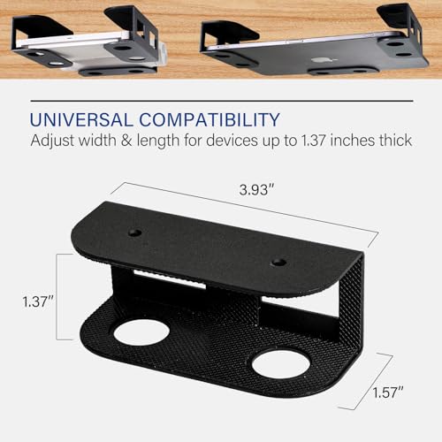 BYMECOST Under Desk Laptop Storage Mount, Metal Under Desk Device Holder, for Devices Up to 1.37" Thick, MacBook, Mini, Keyboard, Router, with Anti-Scratch Silicone (Black) - color: Black, size: 1.37" without hook