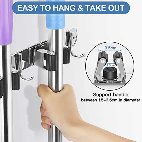 IMILLET Broom Holder Wall Mounted, Stainless Steel Broom Mop Holder Self Adhesive Heavy Duty Hooks Storage Organizer for Home Laundry Room Garden Garage Closet Kitchen 1 Pack（5 Racks with 4 Hooks） - color: 5 Racks with 4 Hooks, size: 1 Pack