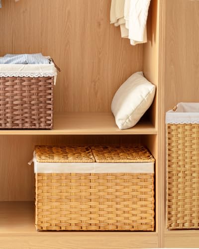 SETVSON Storage Basket with Lid Rattan Storage Basket with 2 Separate Lid, 27.8 Gallon (105 L) 25.2 * 15.4 * 16.1 Inches Woven Wicker Baskets with 2 Liners and Handles for Bedroom Laundry-Natural - color: Natural, size: 105L-25.2L*15.4W*16.1H