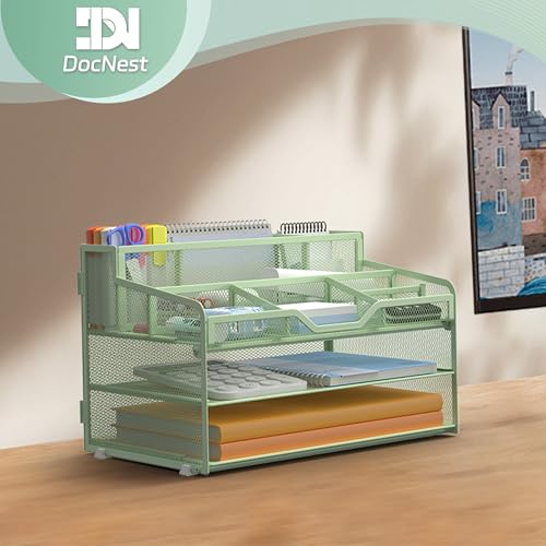 Docnest 3 Tier Mesh Desk Organizer for Paper Office Supplies – Multi-Functional Letter Tray with 5 Adjustable Compartments, 3 Pen Holders, Desktop Storage for Files, Mail, Stationery – Green - color: Green, size: 12.7" x 9.1" x 8.6"