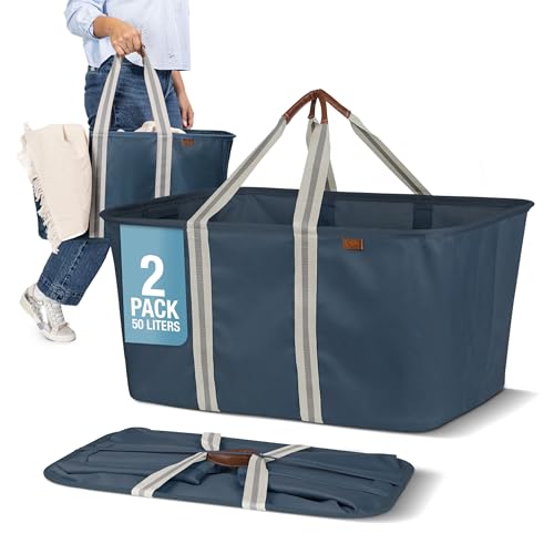 CleverMade Collapsible Laundry Tote 2-Pack (50L) – Foldable Carry-All Storage Bin for Laundry, Car Trunk, RV, Dorm & Home Organization – LUXE Cotton Blend with Vegan Leather Accents, Navy - color: LUXE Navy Noir