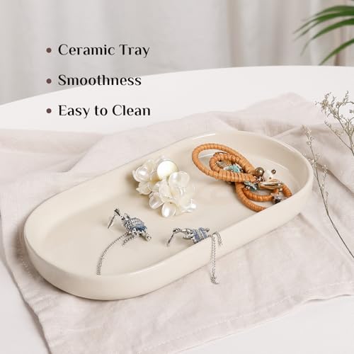 Ceramic Jewelry Tray – Oval Vanity Dish for Rings, Earrings, Bracelets – Minimalist Decorative Trinket Holder for Dresser, Bathroom, Nightstand – Cream White - color: Cream_1pcs