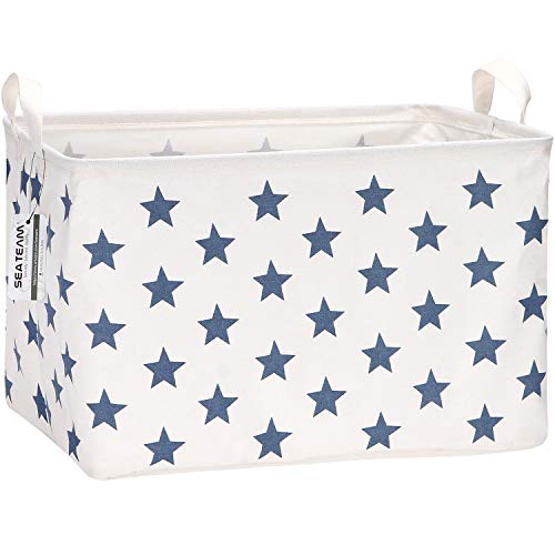 Sea Team Collapsible Canvas Fabric Storage Basket with Handles, Rectangle Waterproof Storage Bin, Box, Cube, Foldable Shelf Basket, Closet Organizer, 16.5 x 11.8 x 9.8 Inches, Navy Star - color: Star/Navy Blue, size: 16.5 Inch (Pack of 1)