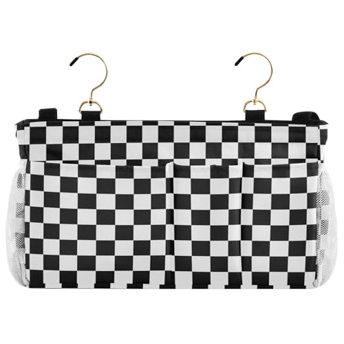 Black White Checkerboard Print Bedside Caddy Storage Bag Bedside Organizer for Bunk Bed Headboards College Organizer Caddy Hanging Shelf 6 Pockets with Hooks for Drinks Magazine Phone Holder - color: Checkerboard Black White