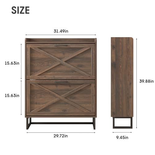 Maupvit Shoe Storage Cabinet with 2 Flip Drawers, Freestanding Organizer with Metal Legs for Entryway, Narrow Shoe Rack Cabinet, Dark Walnut - color: Dark Walnut, style: 2-Drawers