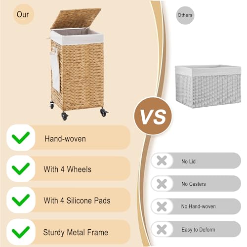Handwoven Hamper with Lid, Laundry Basket with Wheels, Machine Washable Liner, Clothes Hamper for Bathroom Laundry Room Bedroom(Natural, 78L) - color: Natural/With Lid/78L