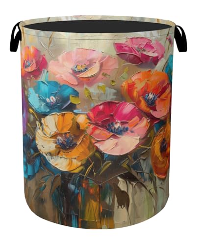 Modern Floral Oil Painting Laundry Basket - Heavy Duty 60L Dirty Clothes Organizer, Water Resistant Foldable Hamper for Men Women - color: Modern Floral Oil Painting