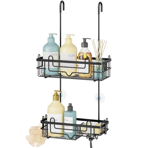 Consumest Over the Door Shower Caddy - 2-Tier Hanging Shower Organizer with Soap Holder, Rustproof Bathroom Storage and Organizer Rack for Shampoo, Towels, and Toiletries, Black - color: Black, size: 2 Tier-Shower Door