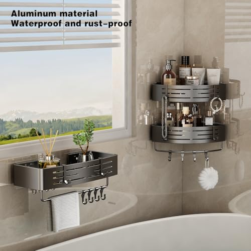 VOLPONE Corner Shower Caddy Adhesive Shower Shelf Corner No Drilling Bathroom Shower Organizer Storage Rack Rust-proof with Towel Bar (2-Pack, Gray) - style: Adhesive strip triangle with towel bar 2 Tier Gray