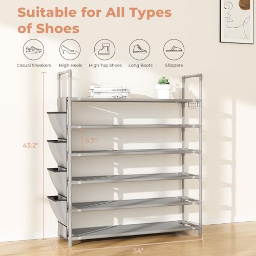 LANTEFUL 6 Tier Shoe Rack Storage for 24-30 Pairs Shoe and Boot, Shoe Organizer with Hook and Side Pocket Free Standing Long Shoe Shelf Tall Shoe Rack Organizer for Closet, Entryway, Dorm, Grey - color: Grey
