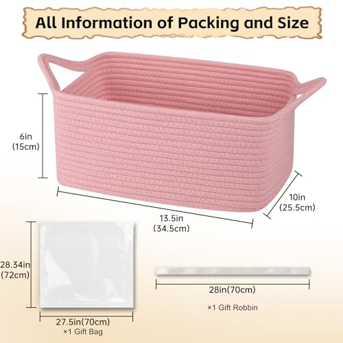 OIAHOMY Woven Basket, Gift Basket Empty with Gift Bags and Ribbons, Rope Baskets for Baby Showers, Storage Baskets with Handles for Nursery, Pet Toy Organizer - Pink - color: Pink, size: Medium: 13.5L*10W*6H