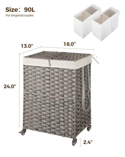 Greenstell Laundry Hamper with Wheels, No Install Needed, 90L Divided Handwoven Hampers & 2 Removable Liner Bags, Rattan Clothes Laundry Basket with Lid & Handles, Foldable Hampers Gray 18x13x26.4 In - color: Gray, size: 90L: 18.3x13.5x26.4 Inches
