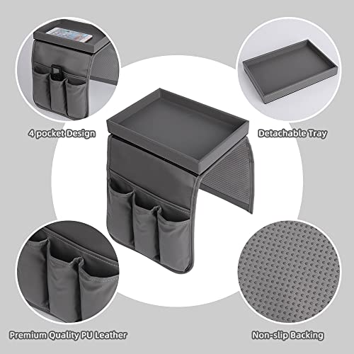 Couch Caddy, Armchair caddy with Detachable Tray, Non-Slip PU Leather Remote Control Holder for Recliner with 5 Pockets (Light Grey) - color: Light Grey