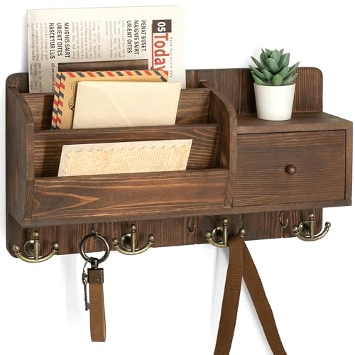 Rebee Vision Pine Wood Key Holder Wall Mount with Mail Sorter for Home Decor- Rustic Key and Mail Holder for Wall with Hooks and Drawer Organizer - Ideal for Apartment Essentials (Retro Brown) - color: Vintage Brown
