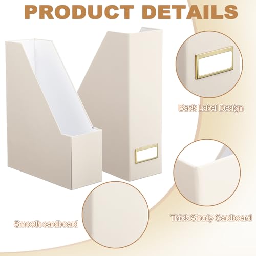 Feifeiya Magazine File Holder Set of 6 Stylish Sturdy Cardboard File Boxes Desk Organizer Beautiful Magazine Holder Rack with Gold Label Holder for Home Office Desktop Bookshelf Classroom(Beige) - color: Beige