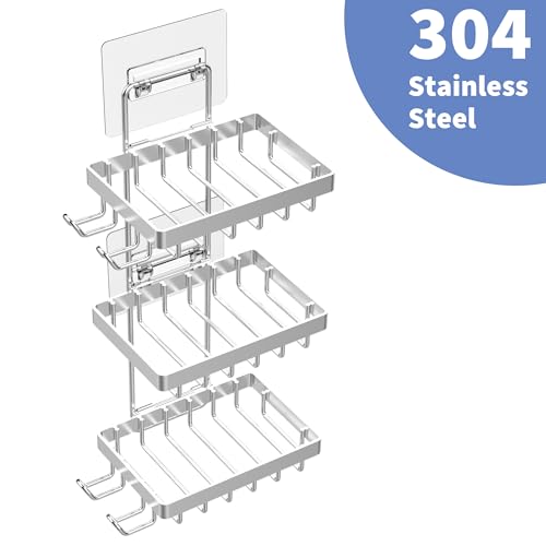Moforoco Silver Soap Dish Holder for Shower Wall, No Drilling, 3-Tier 304 Rustproof Stainless Steel, Soap Bar Holder with 4 Hooks, Shampoo Bar Holder for Shower Caddy for Bathroom - color: Silver, size: 3-T