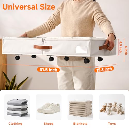 6 Inches Under Bed Storage with Wheels Pack of 2, Underbed Shoe Storage Container Bin with Clear Lid Cover, Rolling Under Bed Drawer Storage Bag Basket for Shoe Organizer Sheet Sweater - White - color: White, size: 6 Inches Tall