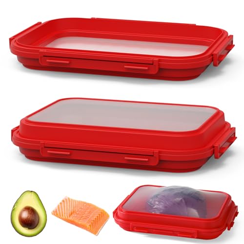 2 Pack Silicone Food Fresh-Keeping Storage Containers with Lid, Dual-Shape Design, BPA-Free, Leakproof Lock Clips, Versatile Fridge Storage Containers, Space Saving & Expandable - color: Red