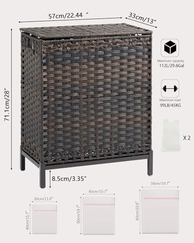 SETVSON Laundry Hamper with Lid, 112 L Handwoven Rattan Wicker Laundry Basket, 2 Removable Liner Bags Metal Heightened Feet, 6 Mesh Bags, 2 Section Large Clothes Hamper for Bathroom Bedroom, Brown - color: Brown, size: 112 L - 29.6 gal