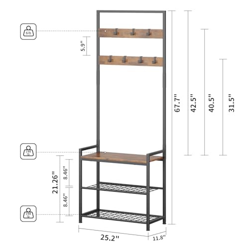 Hall Tree with Shoe Storage Bench - Entryway Bench with Coat Rack and Hooks - 3-in-1 Small Hall Tree for Entry Way, Entrance, Hallway, Doorway, Front Door, Mudroom, Small Space - Rustic Brown - color: Rustic Brown 1