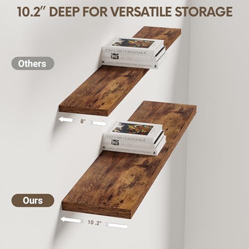 Vivelove 10 Inch Deep Floating Shelves 36 inch Long, 36 x 10 Wide Wall Shelves with Invisible Brackets, for Bedroom Bathroom Living Room Kitchen Office, Farmhouse Home Decor, Set of 2, Rustic Brown - color: Rustic Brown, size: 35.4”Wx10.2”Dx1.5”H