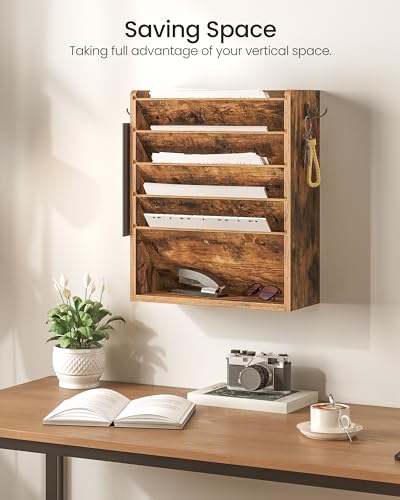 CHOEZON Wall File Organizer, 6-Tier Vertical Mount Hanging Holder with 2 Side Hooks, Vintage Wooden Magazine Storage Crate with Bottom Flat Tray, Desk Organizer, for Office, Home, Rustic Brown MWJ01FG - color: Rustic Brown, size: 6-Tier