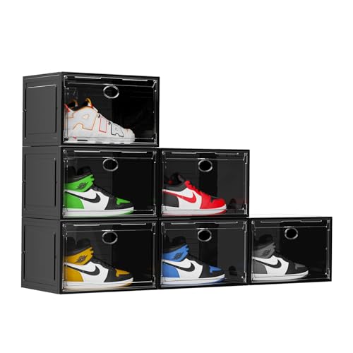 KEFA XL Shoe Storage Box Organizer, 6 Pack Shoe Boxes Clear Plastic Stackable, Sneaker Display Case Container Fit for US 13 (Side 6 PACK BLACK) - color: 6 PACK Black