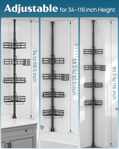 SEIRIONE Corner Shower Caddy Tension Pole, Quick Setup, Rust-Free Bathroom Shower Organizer Corner for Bathtub Shampoo Storage, 4-Tier Adjustable Shelf, Drill Free, Fits 34 to 116 Inch Height, Black - color: Black