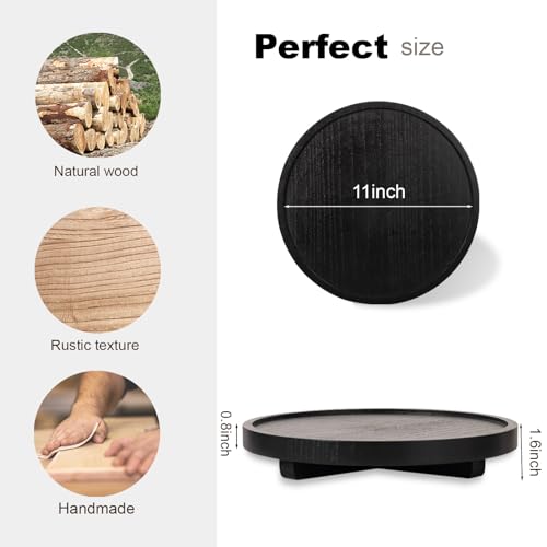 Round Decorative Tray Wood Bathroom Counter Organizer Farmhouse Kitchen Decor Wooden Riser for Soap Dish, Perfume, Candle, Sponge, 11" - Black - color: Black, size: 11"
