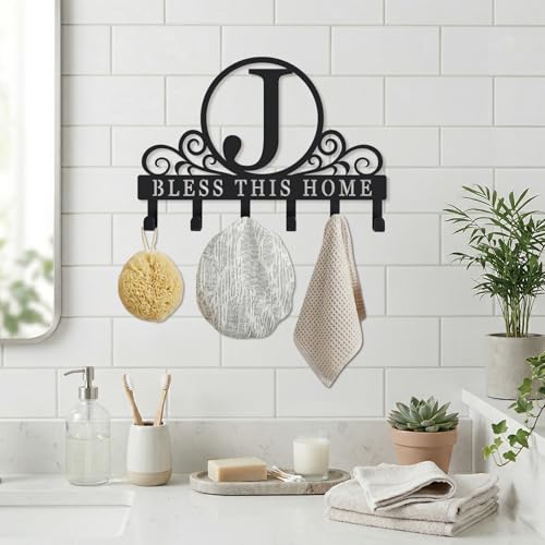 Metal Letter J Key Holder for Wall, Decorative Metal Key Holder Wall Mount, Key Hooks Coat Rack Monogram Wall Decor, Perfect for Bathroom, Living Room, Kitchen, Anniversary Housewarming Gift - style: J