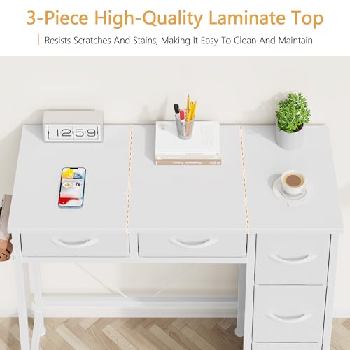 HIGDBFE Small Desk with 5 Fabric Drawers, 33 Inch Writing Desk for Home Office, Simple PC Desks for Small Place, Kids Girls Teen Study Table Vanity for Bedroom, Dorm, White, 14" D - color: White