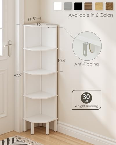 Corner Shelf, 5 Tier Corner Bookshelf, Display Corner Shelf Stand with Storage Rack, Wall Corner Bookshelf for Living Room, Bedroom, Office, White - color: White
