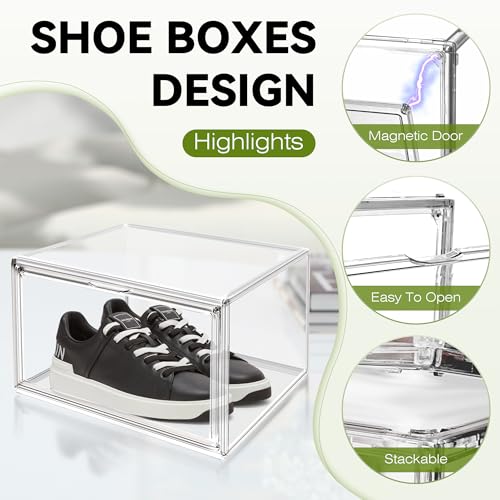 12 Pack Sneaker Boxes Clear Plastic Stackable Shoe Box Size 12.5, Transparent Display Case with Magnetic Acrylic Door, Dustproof Storage Bins for Closet, Over the Door Shoe Organizer - color: Clear, size: M-Large Size 13